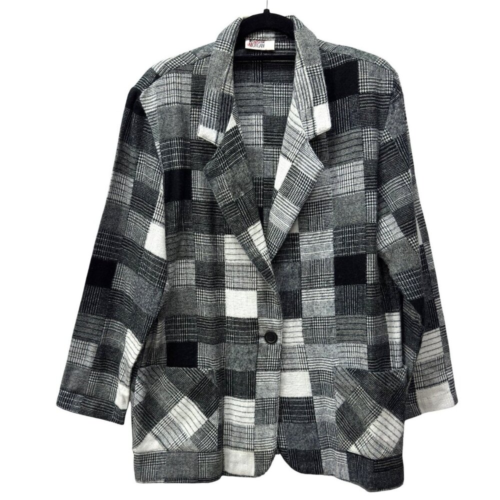 Vintage Sarah Morgan Patchwork Plaid Blazer, Size Large,‎ Black & White, Pockets